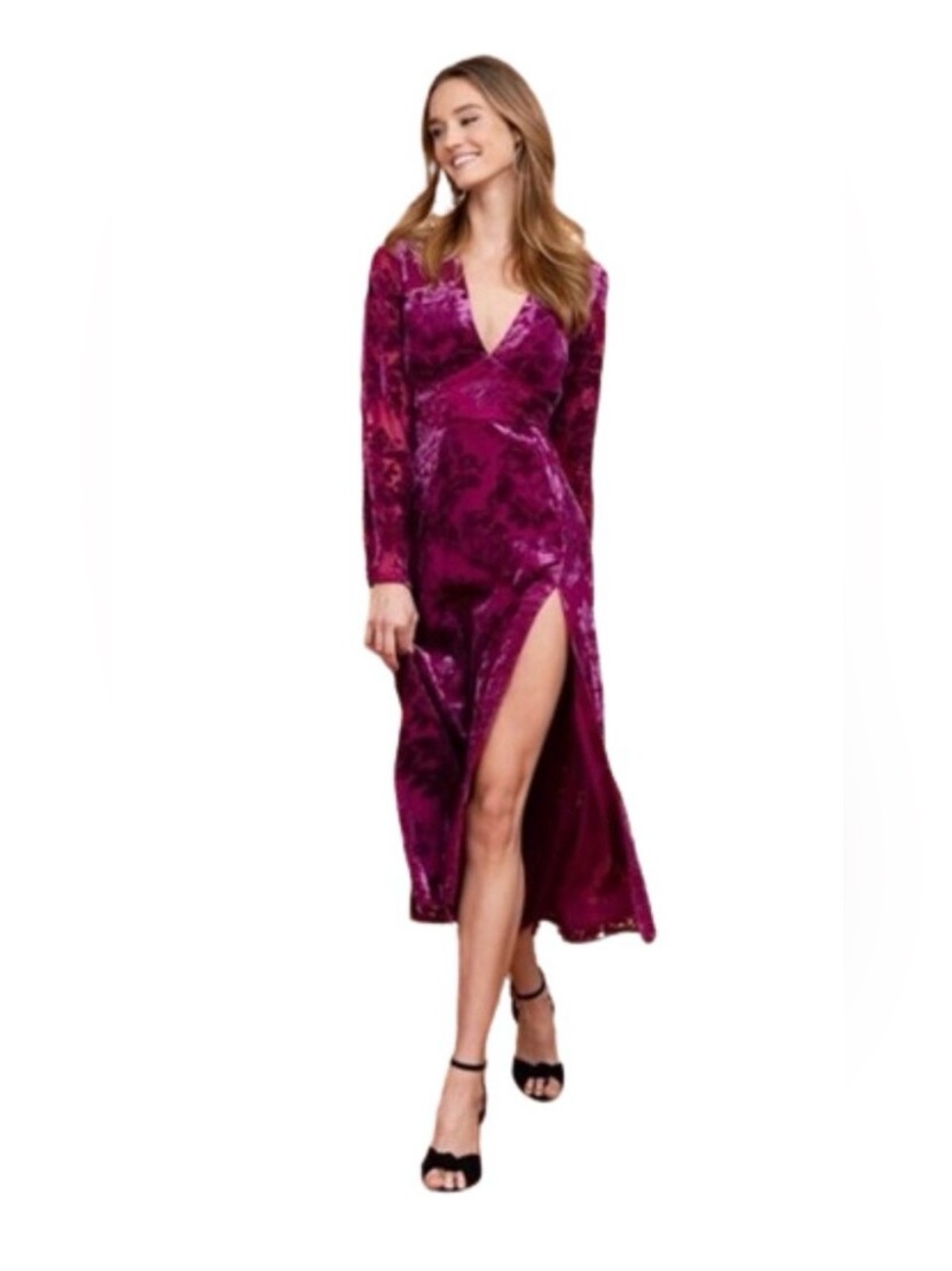 Yumi Kim Velvet Caroll floral Maxi Dress medium *tiny flaws** sheer long sleeves